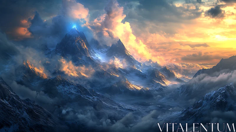 Enchanted alpine peak glows against a storm-brightened sunrise