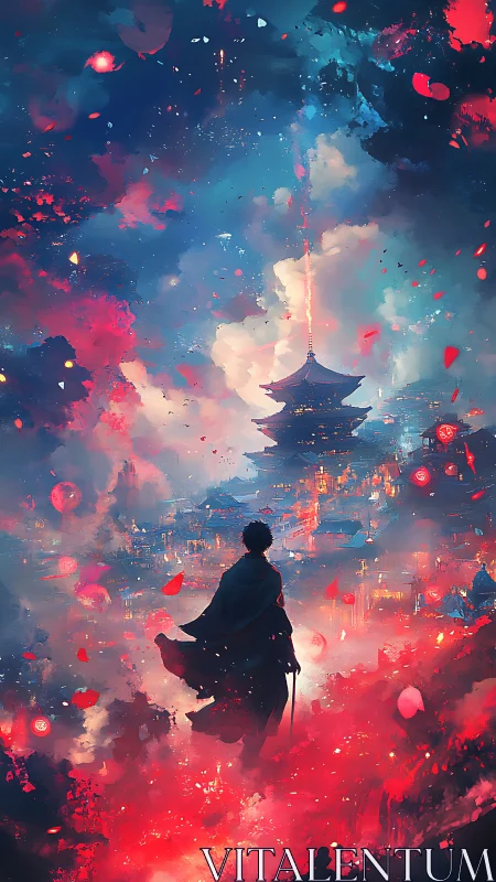 Lone samurai overlooks a neon-lit pagoda in swirling skies