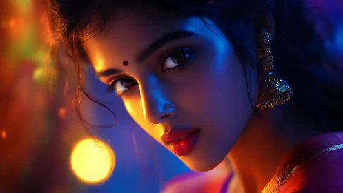 Portrait of Indian woman in neon cinematic color contrast.