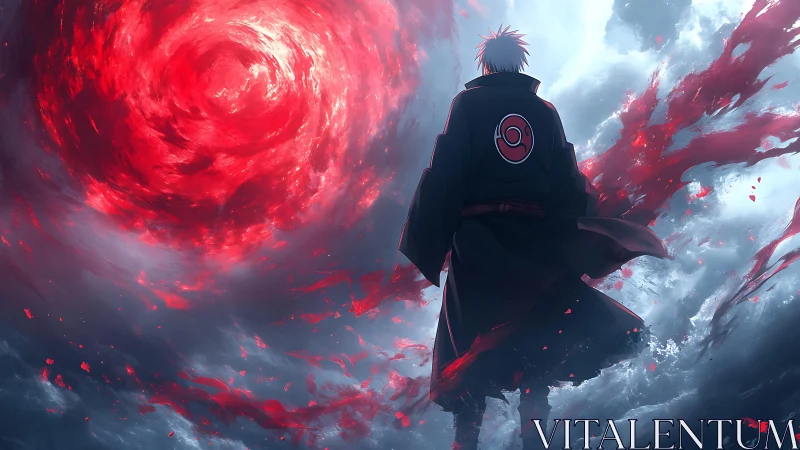 Cloaked anime figure stands before swirling red vortex sky
