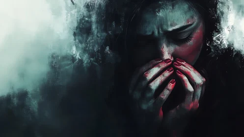 Silent storm folds around crimson fingertips and furrowed brow