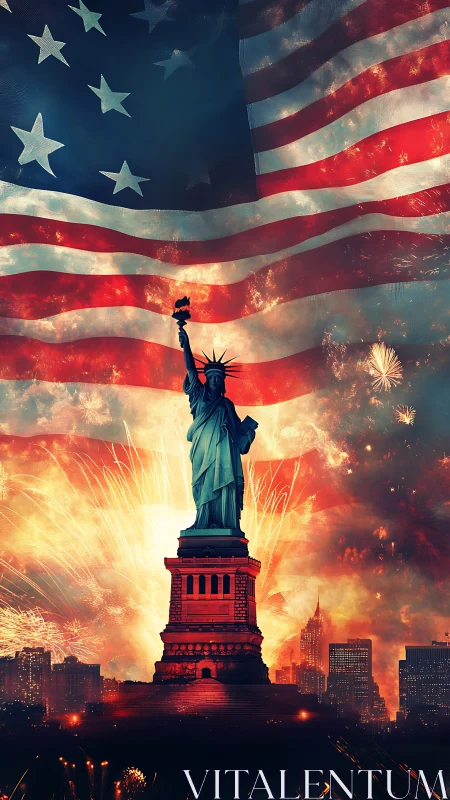 Statue of Liberty under fireworks and US flag overlay.