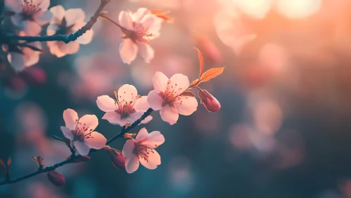 Pink cherry blossoms with selective focus on backlit branches