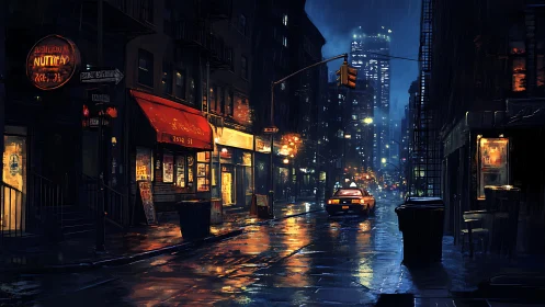 Rain-soaked city street glows under midnight neon haze