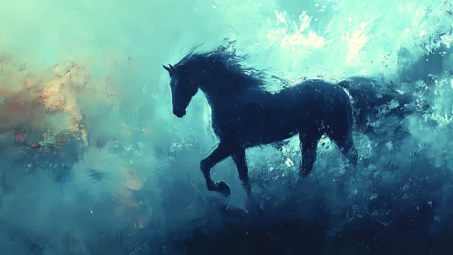 Wild horse strides through ethereal teal mist and light.