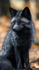 Gentle silver fox resting quietly in warm autumn woodland.