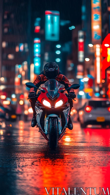 Neon night rider gliding through rain washed city streets.