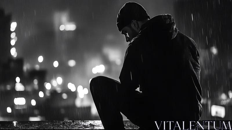 Solitary figure sits on rooftop ledge in nighttime rainfall