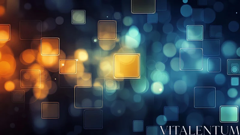 Abstract digital squares with blue and orange bokeh lights background.