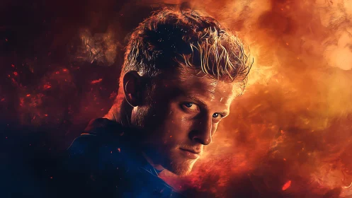 Male portrait rendered against dual-color abstract background