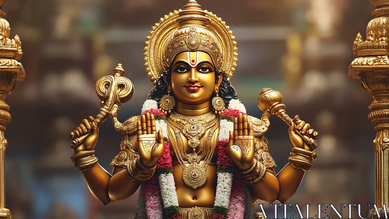 Golden Hindu deity sculpture with garlands in temple setting.