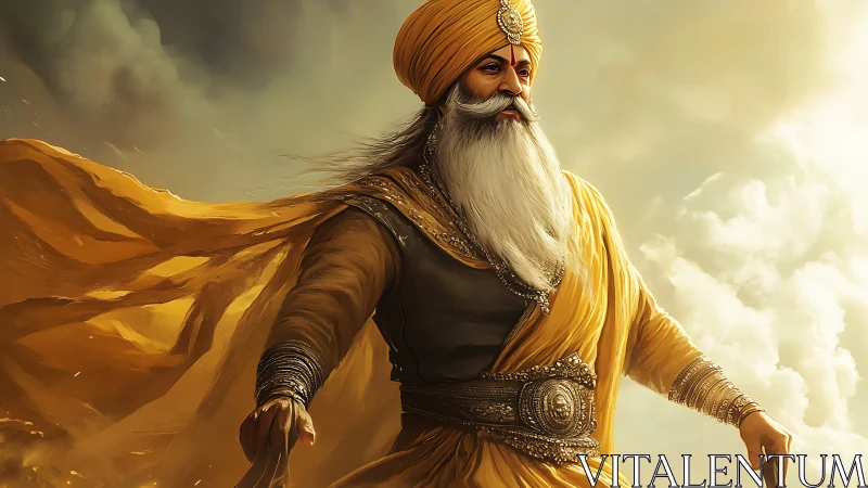 Majestic turbaned warrior in flowing golden battle robes.