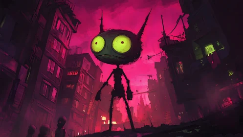 Neon-eyed alley giant tiptoes through a crumbling city dream