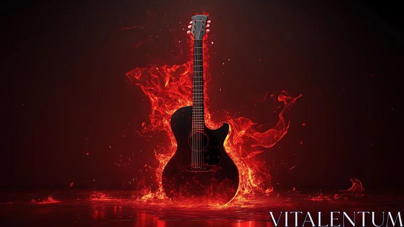 Black acoustic guitar engulfed in stylized red flames.