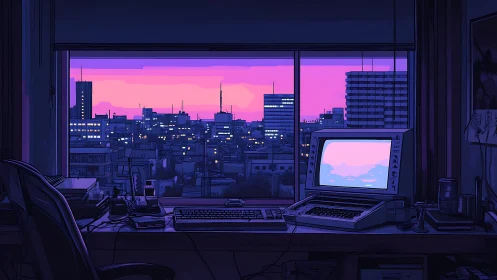 Retro workstation at dusk overlooking neon-lit cityscape