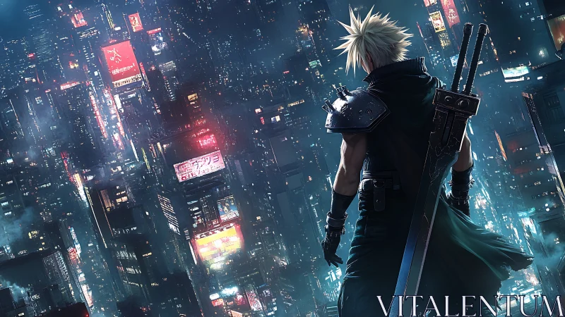 Armored swordsman overlooking dense neon cyberpunk megacity
