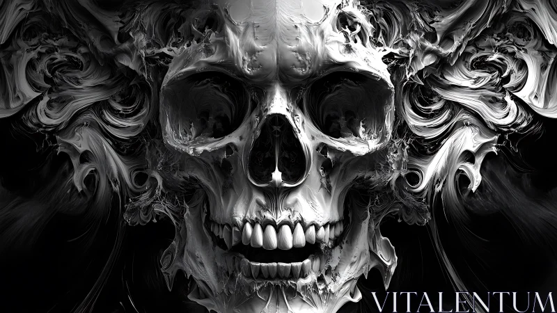 Swirling monochrome skull emerges from chaotic liquid shadow