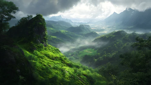 Volumetric-lit tropical valley with mist-laden emerald ridges