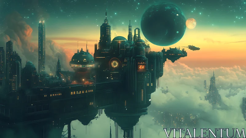 Floating megacity drifts through neon clouds at sunset.