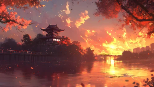 Pagoda by riverside with autumn foliage at sunset light.