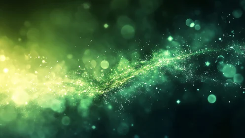 Abstract cosmic light swirl with glowing green and yellow particles.