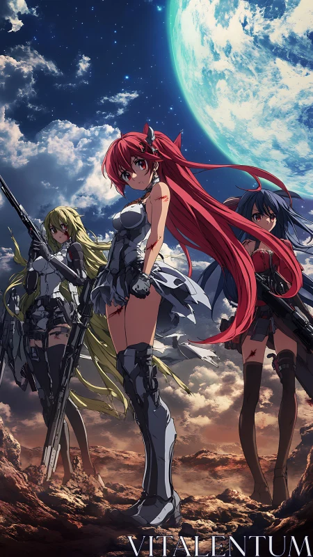 Battle-hardened anime heroines stand beneath a fractured sky