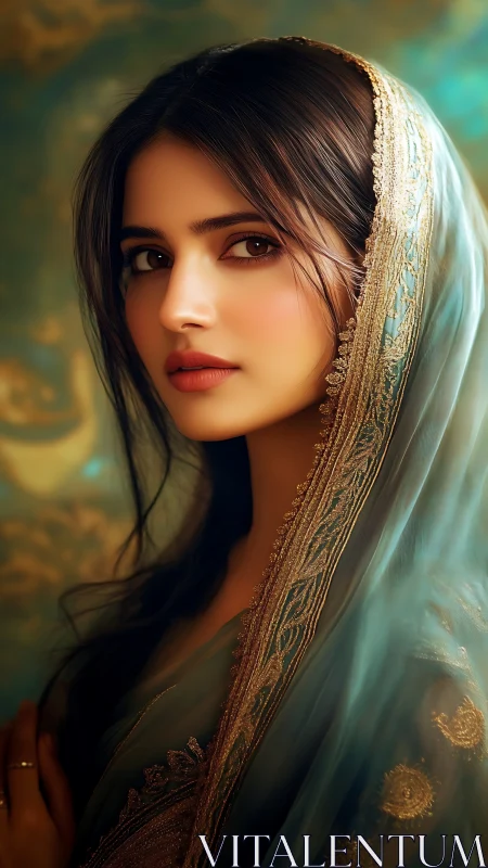 Portrait of woman in teal veil with gold embroidered trim.