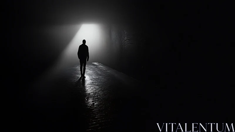 Solitary figure walks toward a soft, inviting tunnel light