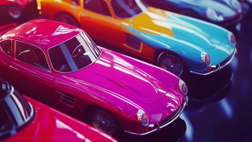 3D retro sports cars in neon colorway showroom lineup.