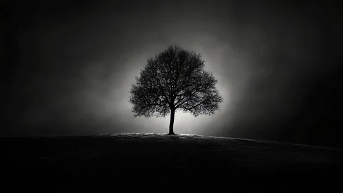 Solitary backlit tree forms high-contrast nocturnal silhouette