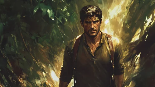 Determined explorer walking through dense sunlit jungle.