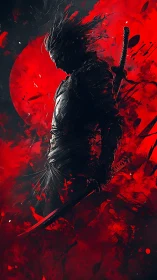 Silhouetted swordsman before red circular backdrop, profile.