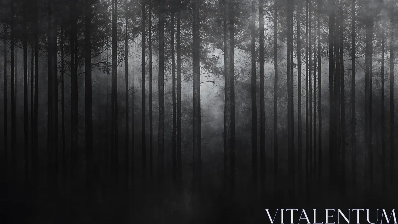 Silent sentinels rise in a monochrome misted forest veil.