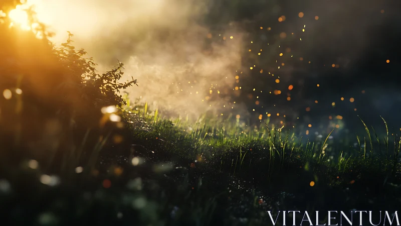 Sunlit forest grass with warm glowing dust motes.