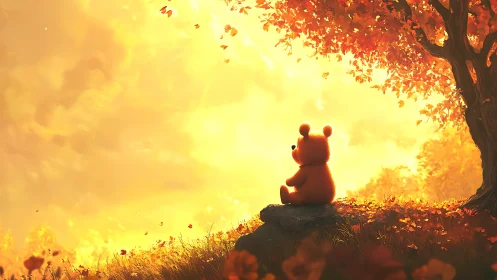 Soft toy philosopher savors a molten honey autumn sky