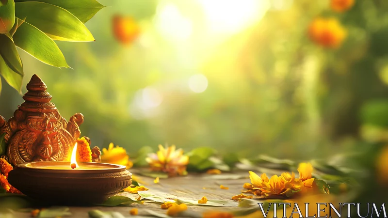 Luminous brass diya and marigolds in shallow bokeh garden field.