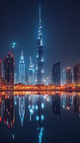 Dubai night skyline reflects in glassy waterfront mirror.