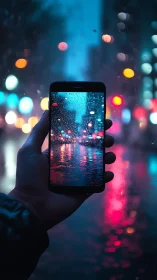 Smartphone captures rainy neon city street at night scene.