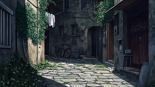 Sunlit stone alleyway with ivy, bicycles, and weathered plaster walls