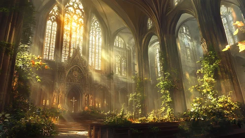 Sunlit gothic nave overgrown with luminous verdant foliage.