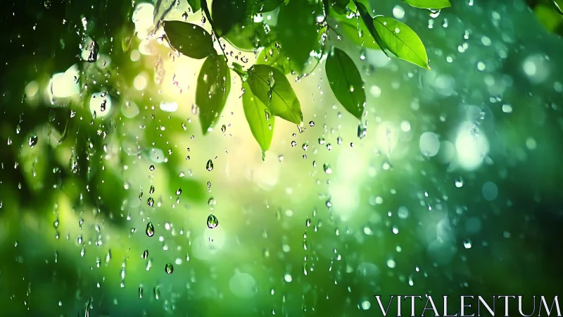 Gentle summer rain sparkling across fresh green leaves.