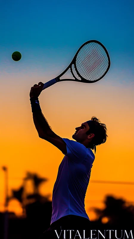 Silhouetted tennis player prepares overhead shot at sunset
