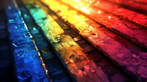 Rainbow planks soaked in neon raindrops and molten light.