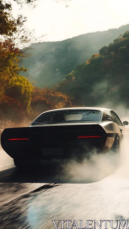 Muscle car drifts through misty mountain forest road at speed