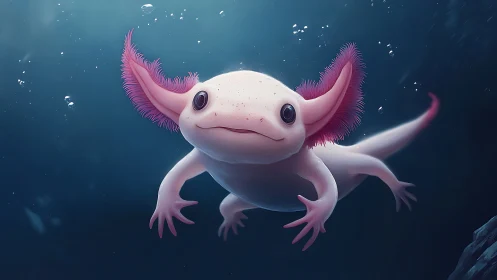 Pink axolotl underwater in soft blue ambient light.
