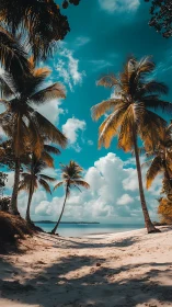 Tropical beach with palm trees framing turquoise water.