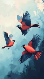 Digital painting of three scarlet birds in vertical flightscape.
