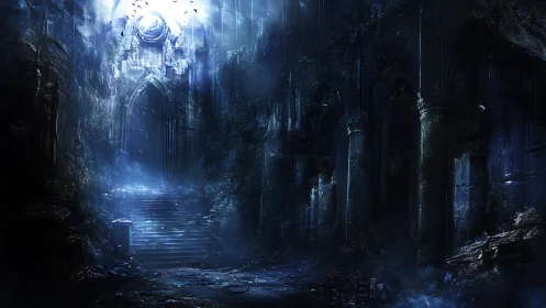 Ruined gothic hall shows moonlit staircase and tall arches