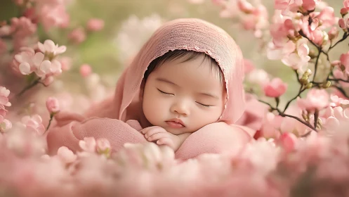 Sleeping infant nestled among blooming pink flowers.
