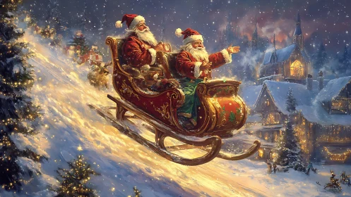 Digital painting of Santa sleigh descent in luminous snowfall.